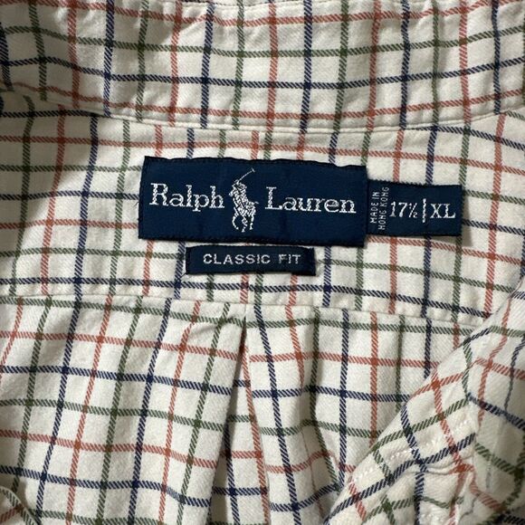 Vintage Ralph Lauren Shirt Mens XL 17.5 Cream Plaid Long Sleeve Button Down - Picture 7 of 8